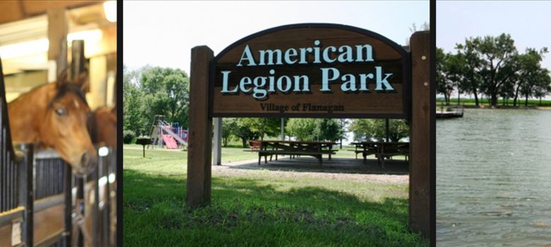 Flanagan Illinois Attractions: Horses at Salem4Youth ranch, American Legion Park, and lake with trees