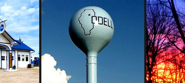 Odell Illinois Attractions: Historic Route 66 Gas Station and Museum, Water Tower, and Sunset with Trees